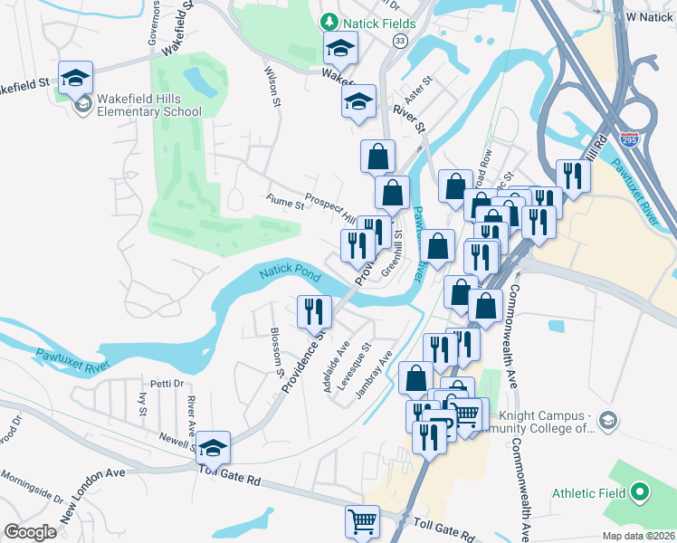 map of restaurants, bars, coffee shops, grocery stores, and more near 650 Providence Street in West Warwick