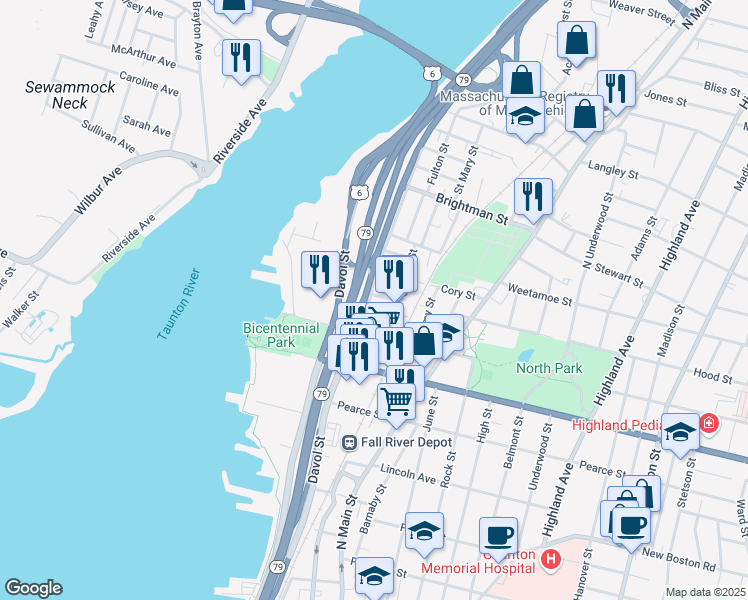 map of restaurants, bars, coffee shops, grocery stores, and more near 42 North Court Street in Fall River