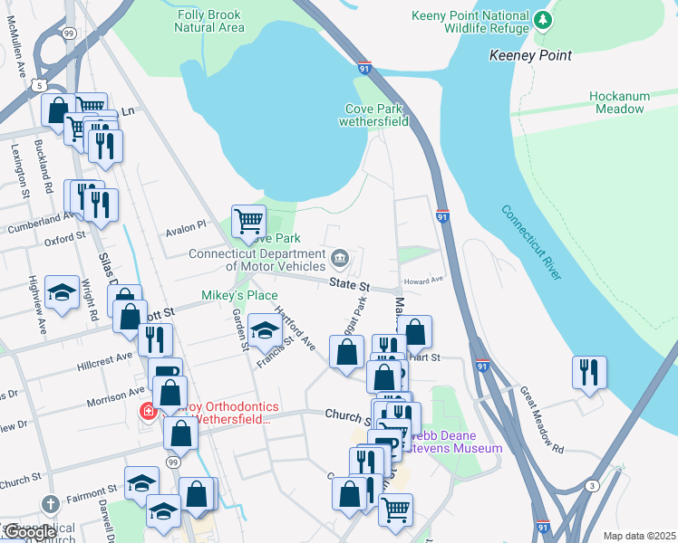 map of restaurants, bars, coffee shops, grocery stores, and more near 60 State Street in Wethersfield