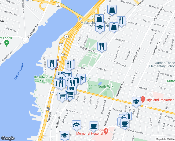map of restaurants, bars, coffee shops, grocery stores, and more near 305 Cory Street in Fall River