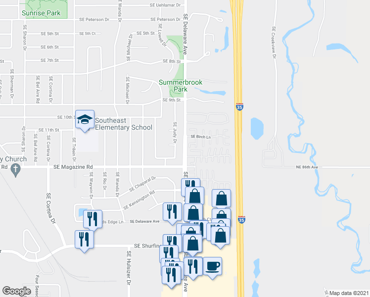 map of restaurants, bars, coffee shops, grocery stores, and more near 1317 Southeast Delaware Avenue in Ankeny