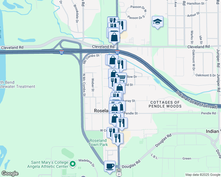 map of restaurants, bars, coffee shops, grocery stores, and more near 215 Ullery Street in South Bend
