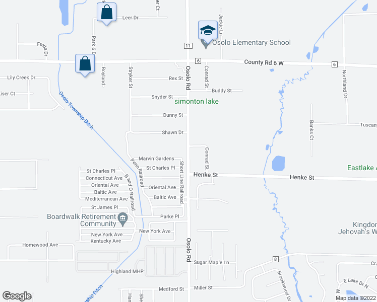 map of restaurants, bars, coffee shops, grocery stores, and more near 53392 County Road 11 in Elkhart