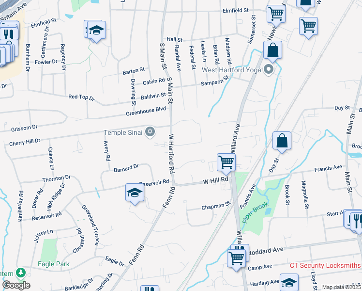 map of restaurants, bars, coffee shops, grocery stores, and more near 74 West Hartford Road in Newington