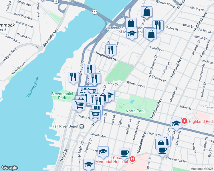 map of restaurants, bars, coffee shops, grocery stores, and more near 62 Almy Street in Fall River