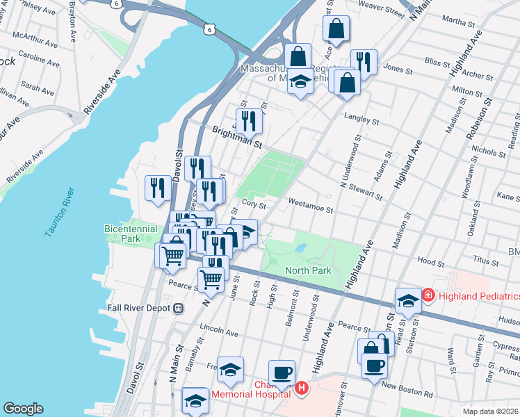 map of restaurants, bars, coffee shops, grocery stores, and more near in Fall River
