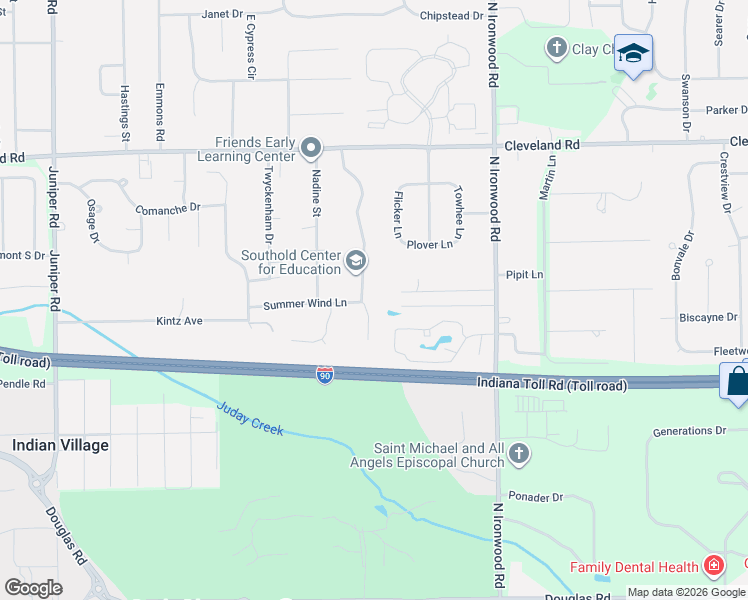 map of restaurants, bars, coffee shops, grocery stores, and more near 53301-53499 Stoneridge St in South Bend