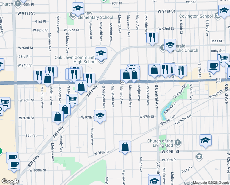 map of restaurants, bars, coffee shops, grocery stores, and more near 9 96th Street in Oak Lawn