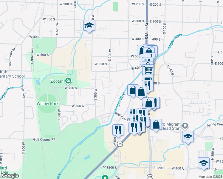 map of restaurants, bars, coffee shops, grocery stores, and more near 733 Riverwalk Parkway in Logan