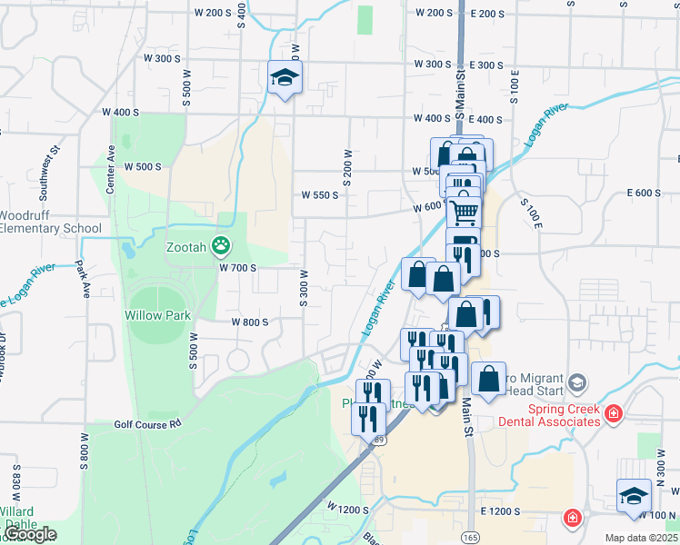 map of restaurants, bars, coffee shops, grocery stores, and more near 266 West 750 South in Logan