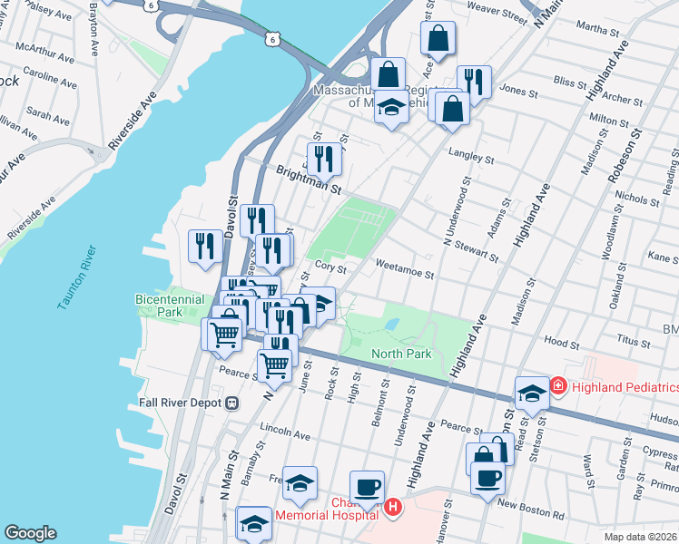 map of restaurants, bars, coffee shops, grocery stores, and more near in Fall River
