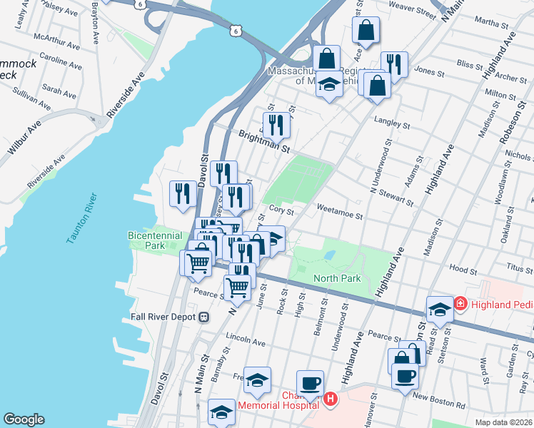 map of restaurants, bars, coffee shops, grocery stores, and more near 62 Almy Street in Fall River