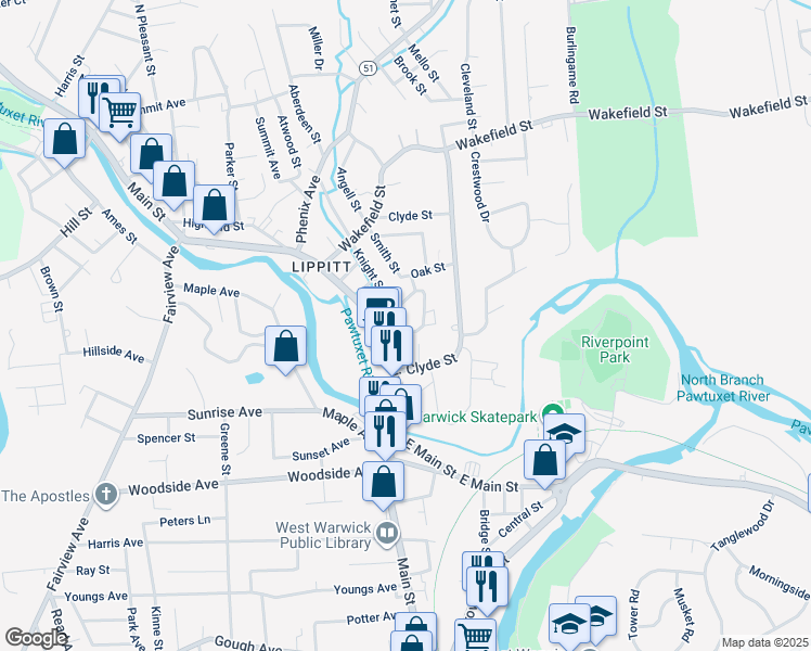map of restaurants, bars, coffee shops, grocery stores, and more near 12 Coogan Court in West Warwick