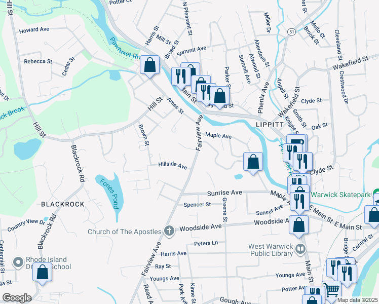 map of restaurants, bars, coffee shops, grocery stores, and more near 33 Fairview Avenue in West Warwick