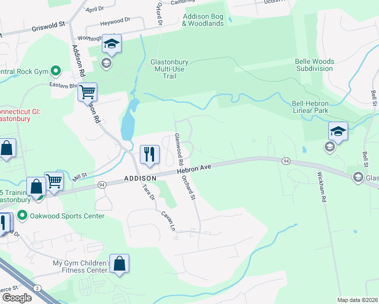 map of restaurants, bars, coffee shops, grocery stores, and more near 32 Rambling Brook Lane in Glastonbury