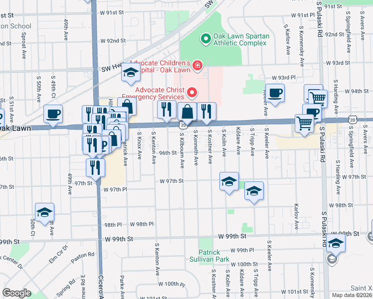 map of restaurants, bars, coffee shops, grocery stores, and more near 9604 South Kilbourn Avenue in Oak Lawn