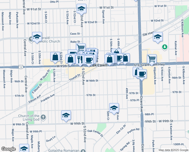 map of restaurants, bars, coffee shops, grocery stores, and more near 9601 Tulley Avenue in Oak Lawn