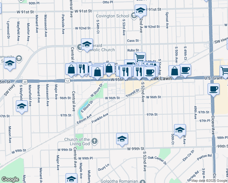 map of restaurants, bars, coffee shops, grocery stores, and more near 5338 West 96th Street in Oak Lawn