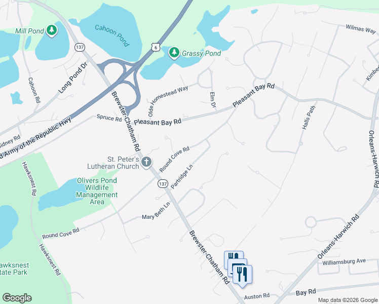 map of restaurants, bars, coffee shops, grocery stores, and more near 35 Partridge Lane in Harwich