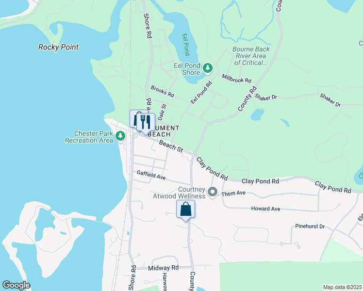 map of restaurants, bars, coffee shops, grocery stores, and more near 60 Beach Street in Bourne