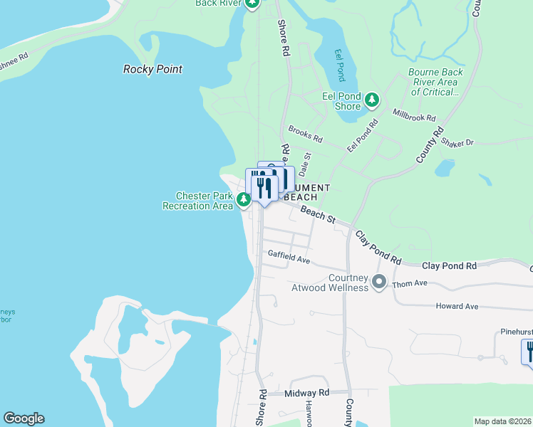 map of restaurants, bars, coffee shops, grocery stores, and more near 3 Bayview Avenue in Bourne
