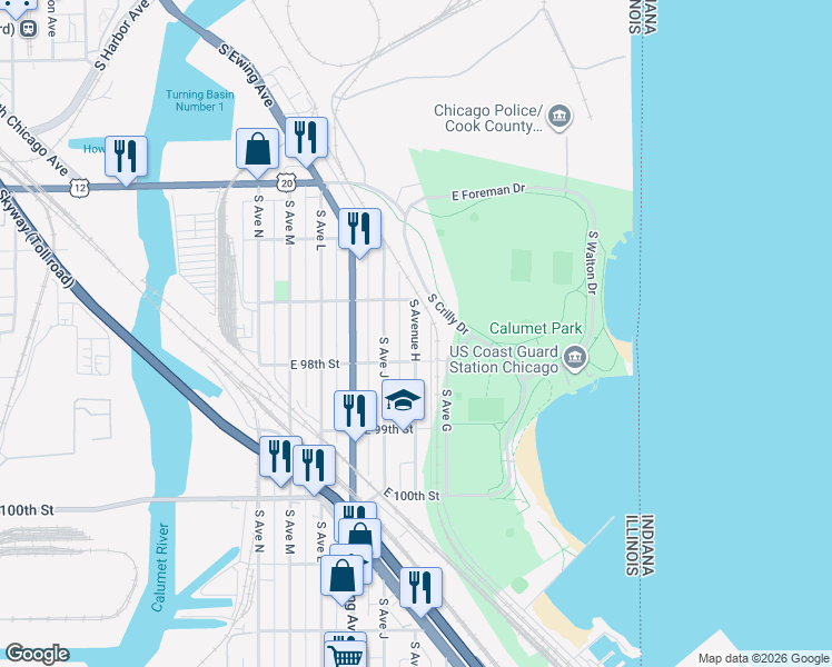 map of restaurants, bars, coffee shops, grocery stores, and more near 9755 South Avenue H in Chicago