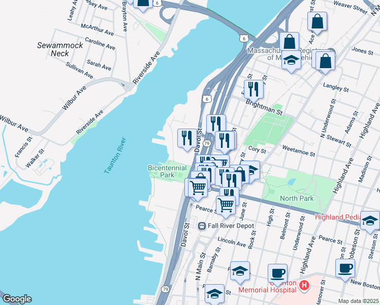 map of restaurants, bars, coffee shops, grocery stores, and more near 1082 Davol Street in Fall River
