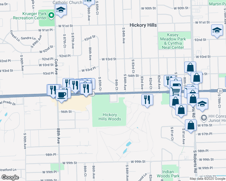 map of restaurants, bars, coffee shops, grocery stores, and more near 8451 95th Street in Hickory Hills