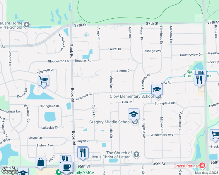 map of restaurants, bars, coffee shops, grocery stores, and more near 10S332 Alma Lane in Naperville