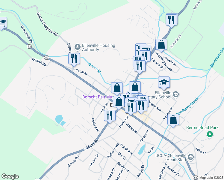 map of restaurants, bars, coffee shops, grocery stores, and more near 48 Canal Street in Ellenville