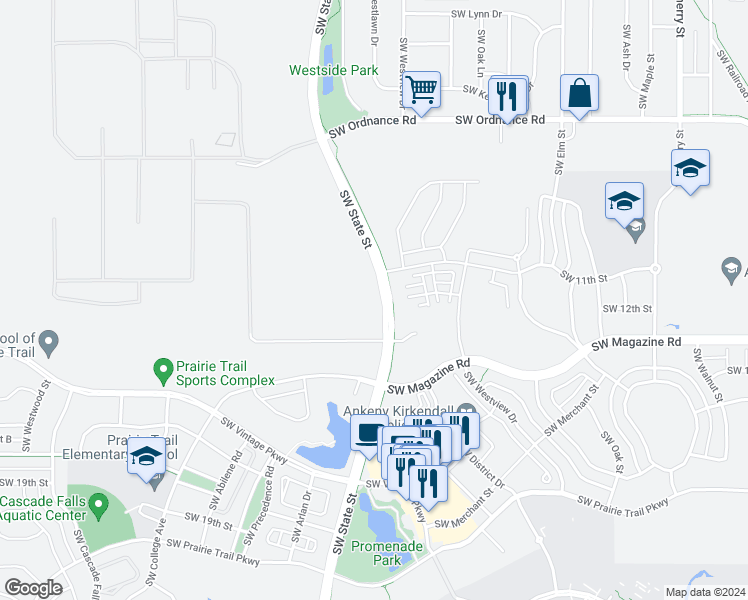 map of restaurants, bars, coffee shops, grocery stores, and more near 1200 Southwest State Street in Ankeny