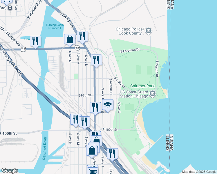 map of restaurants, bars, coffee shops, grocery stores, and more near 9755 South Avenue H in Chicago