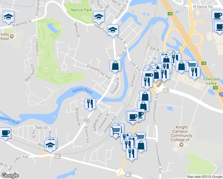 map of restaurants, bars, coffee shops, grocery stores, and more near 64 Adelaide Avenue in Warwick