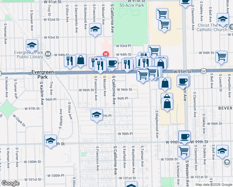 map of restaurants, bars, coffee shops, grocery stores, and more near 9637 South California Avenue in Evergreen Park