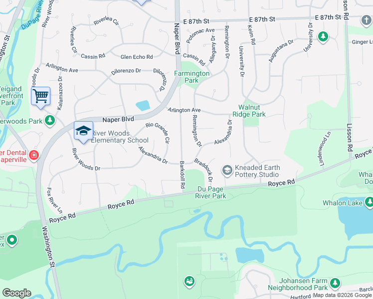 map of restaurants, bars, coffee shops, grocery stores, and more near 710 Alexandria Drive in Naperville