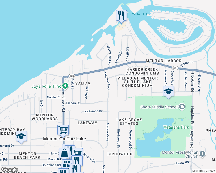 map of restaurants, bars, coffee shops, grocery stores, and more near 5645 Marine Parkway in Mentor-on-the-Lake
