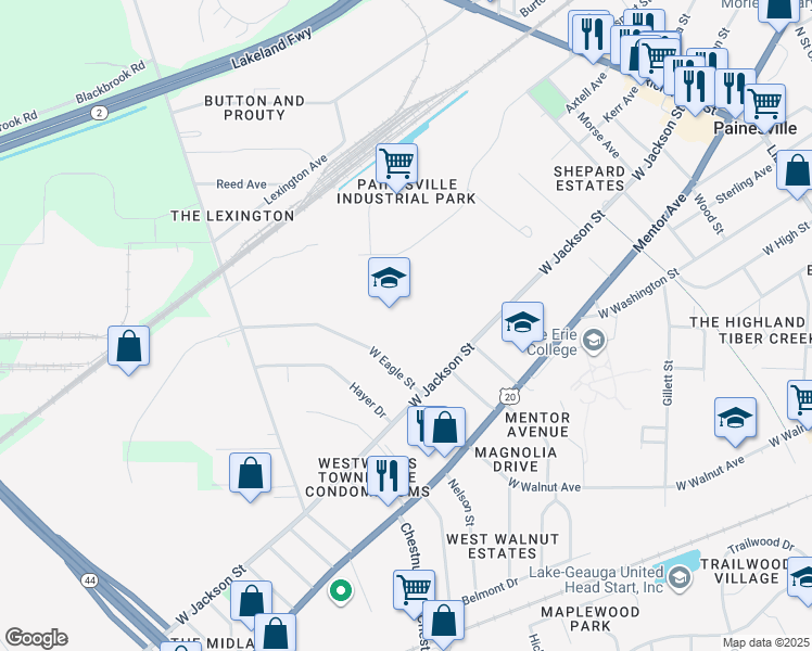 map of restaurants, bars, coffee shops, grocery stores, and more near 560 West Jackson Street in Painesville