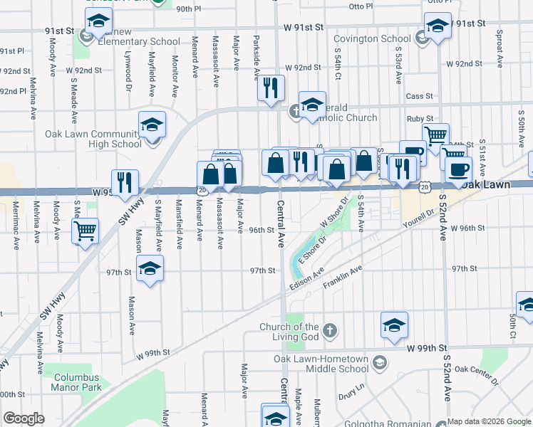 map of restaurants, bars, coffee shops, grocery stores, and more near 9544 Central Avenue in Oak Lawn