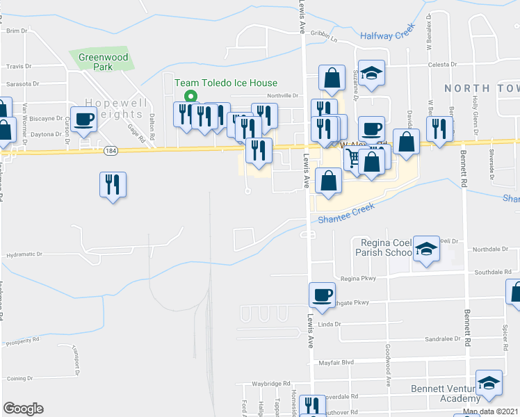 map of restaurants, bars, coffee shops, grocery stores, and more near 5656 Opportunity Drive in Toledo