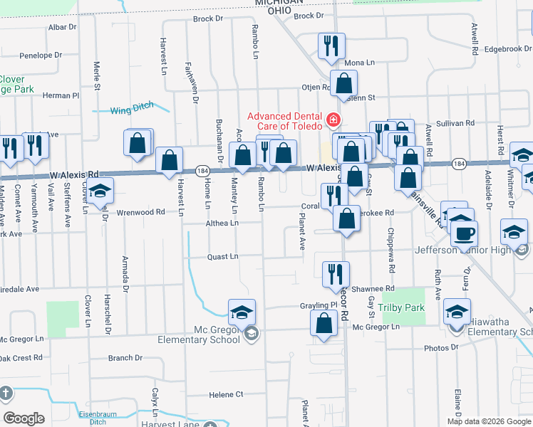 map of restaurants, bars, coffee shops, grocery stores, and more near 5643 Birchdale Drive in Toledo