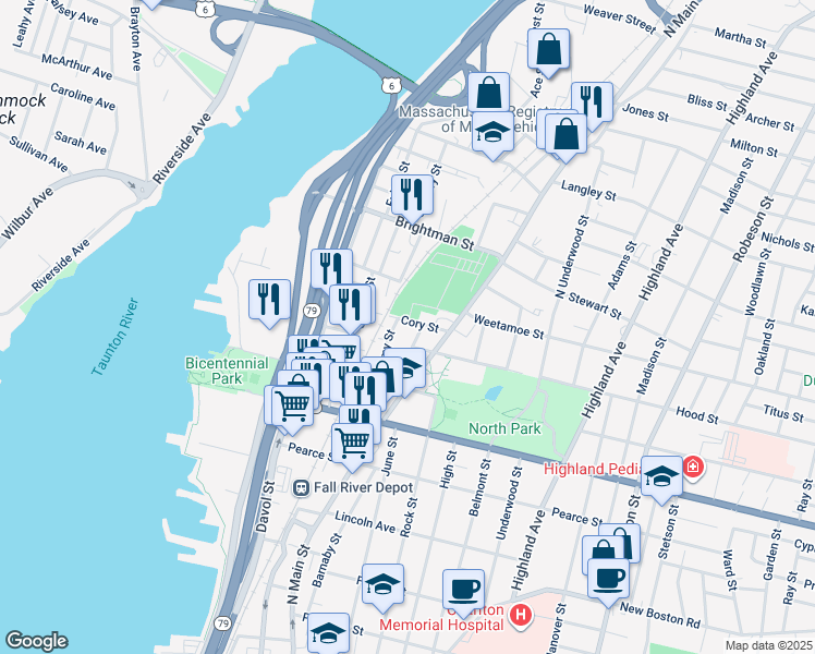 map of restaurants, bars, coffee shops, grocery stores, and more near 35 Hood Street in Fall River