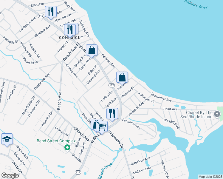 map of restaurants, bars, coffee shops, grocery stores, and more near 30 Loring Road in Warwick