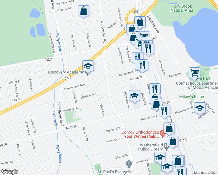 map of restaurants, bars, coffee shops, grocery stores, and more near 144 Wolcott Hill Road in Wethersfield