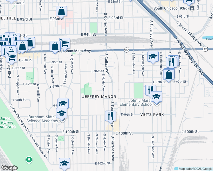 map of restaurants, bars, coffee shops, grocery stores, and more near 9735 South Hoxie Avenue in Chicago