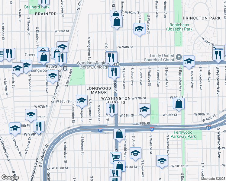 map of restaurants, bars, coffee shops, grocery stores, and more near 9640 South Halsted Street in Chicago