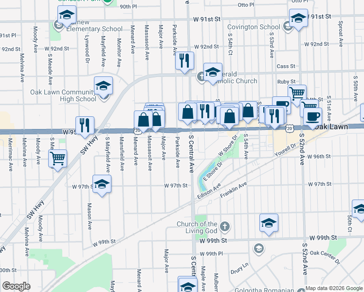 map of restaurants, bars, coffee shops, grocery stores, and more near 9544 Central Avenue in Oak Lawn