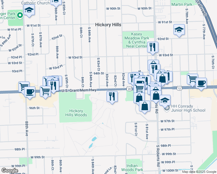 map of restaurants, bars, coffee shops, grocery stores, and more near in Hickory Hills