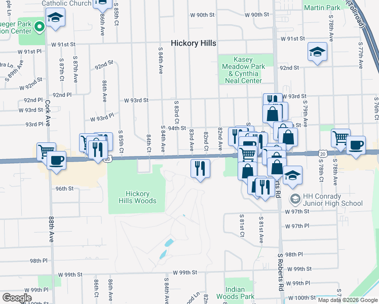 map of restaurants, bars, coffee shops, grocery stores, and more near in Hickory Hills