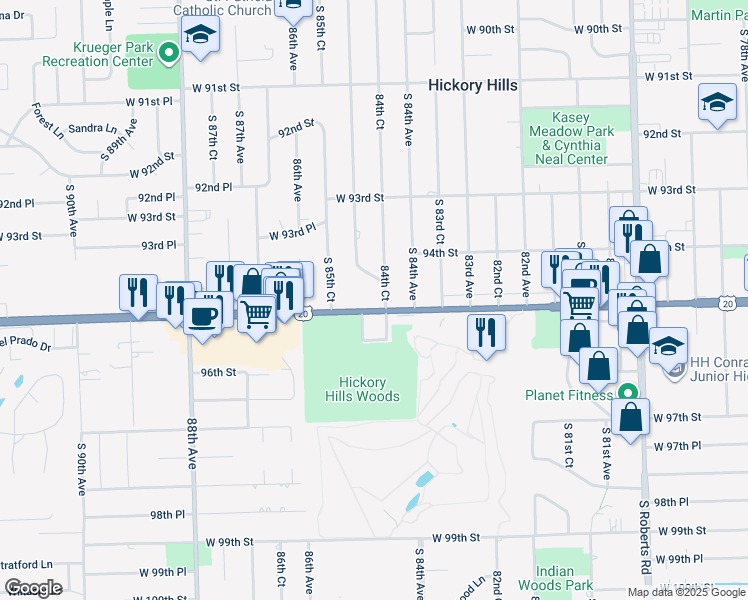 map of restaurants, bars, coffee shops, grocery stores, and more near 8451 95th Street in Hickory Hills