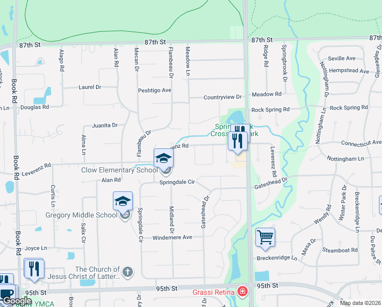 map of restaurants, bars, coffee shops, grocery stores, and more near 2565 Leach Drive in Naperville